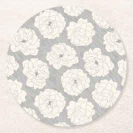 Weiße Rosen auf Light Gray - nahtloses Muster. Runder Pappuntersetzer