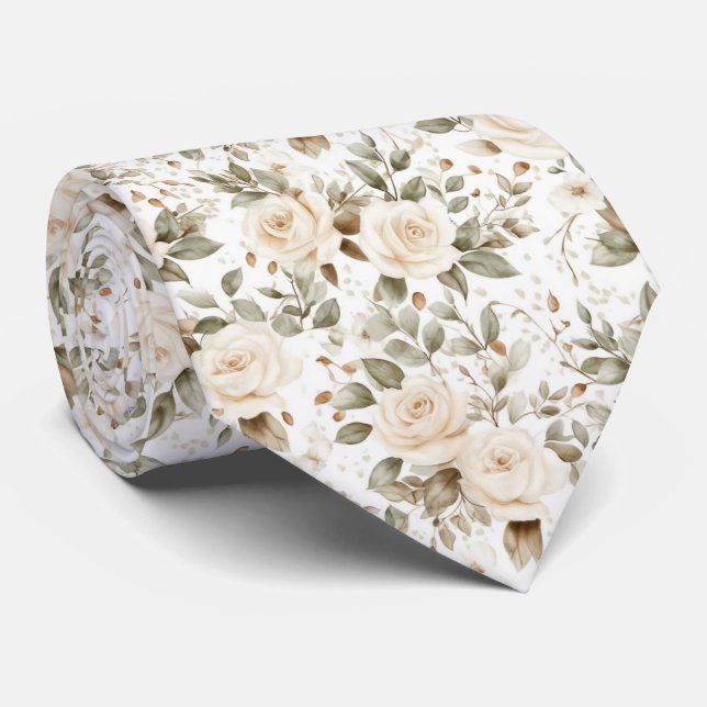 Weiße Rosen auf Weiß Krawatte (Gerollt)