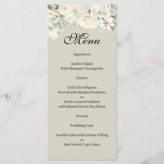 Weiße Rosen Beige Menü Menükarte (Vorderseite)