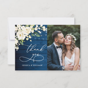Weiße Rosen Blaue Holzlaterne Foto Hochzeit Dankeskarte