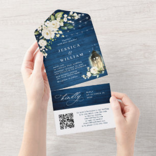 Weiße Rosen Blaue Holzlaterne Hochzeits-QR-Code All In One Einladung