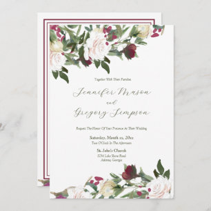 Weiße Rosen, Blume mit Cranberry, Hochzeit Einladung