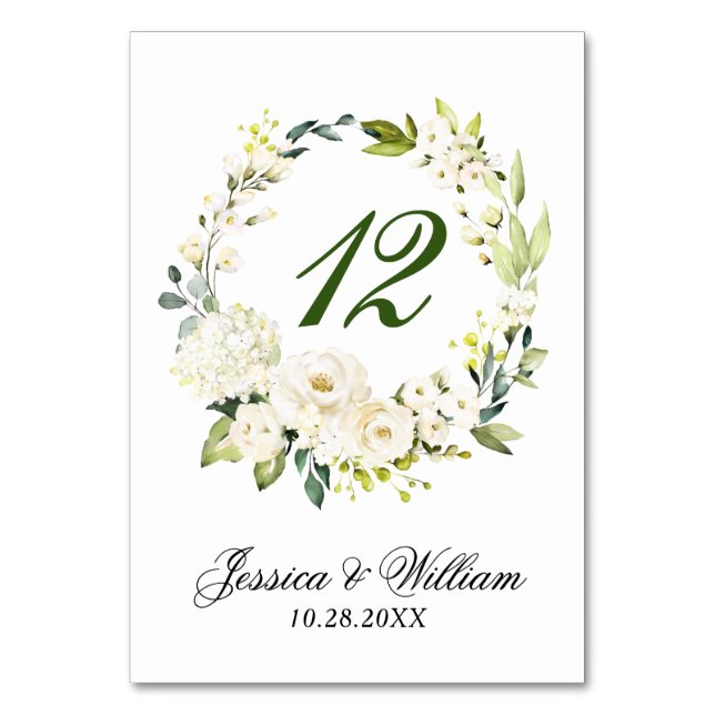Weiße Rosen Blumengrün Hochzeit Tischnummer (Vorderseite)