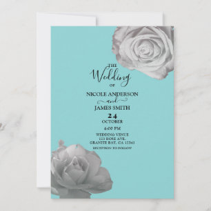 Weiße Rosen Elegante Blumen Hochzeit Türkis Blau Einladung