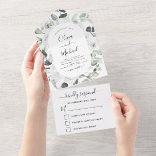 Weiße Rosen Eukalyptus Hochzeit RSVP  All In One Einladung