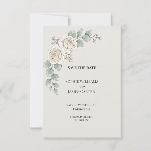 Weiße Rosen-Eukalyptus-Hochzeit Save The Date (Vorderseite)