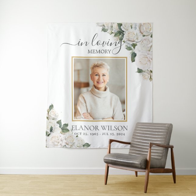 Weiße Rosen floral in Love Memory Foto Wandteppich (Beispiel)