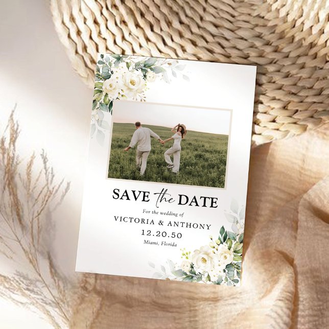 Weiße Rosen Floral Save the Date mit Foto (Von Creator hochgeladen)