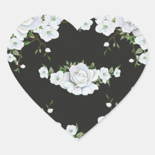 Weiße Rosen Floral und Holzkohlegrau Elegantes Ges Herz-Aufkleber