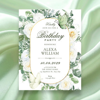 Weiße Rosen florale Geburtstag Einladung
