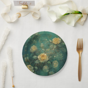 Weiße Rosen Gold Antik Vintage Romantisch Grün Pappteller
