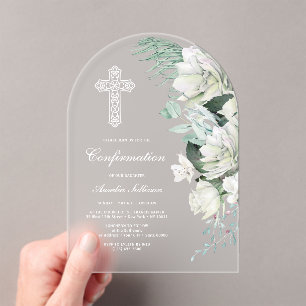 Weiße Rosen Grünzeug Bogen Konfirmation Acryleinladungen