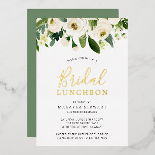 Weiße Rosen Grünzeug Florales Braut-Luncheon Gold Folieneinladung