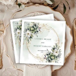 Weiße Rosen Hochzeitsservietten mit Grün und Gold Serviette