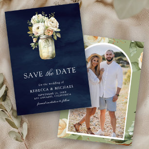 Weiße Rosen im Mason Glas Foto Navy Blau Hochzeit Save The Date