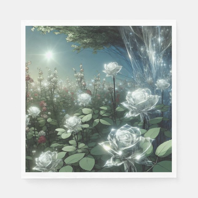 Weiße Rosen im Zaubergarten Serviette (Vorderseite)