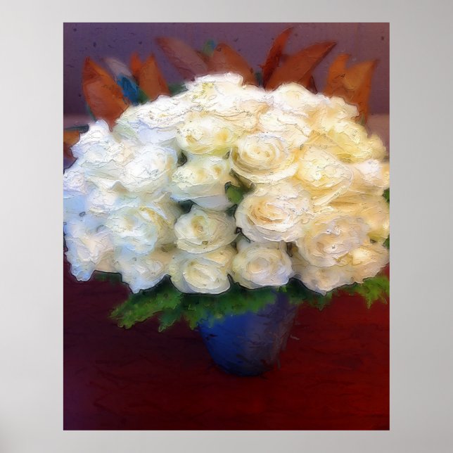 Weiße Rosen in blauer Vase Poster (Vorne)