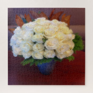 Weiße Rosen in einer blauen Vase Puzzle