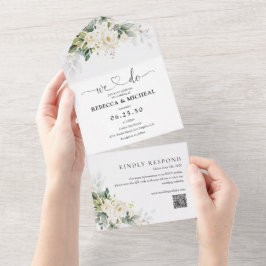 Weiße Rosen in einer Hochzeitsreise All In One Einladung