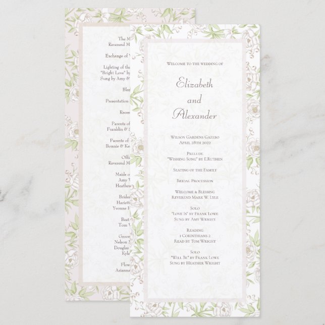 Weiße Rosen-Klassiker Hochzeitsprogramme Menükarte (Vorne/Hinten)