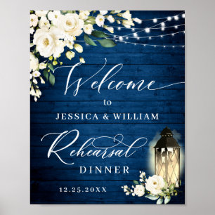 Weiße Rosen Laterne Blaues Holz Probedinner Poster