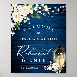 Weiße Rosen Laterne Blaues Holz Probedinner Poster