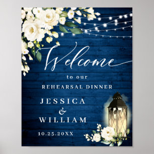 Weiße Rosen Laterne Blaues Holz Probedinner Poster