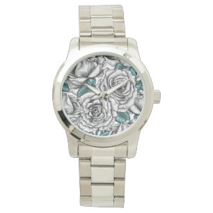 Weiße Rosen mit blauen Blätter Armbanduhr