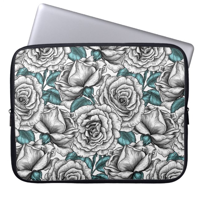 Weiße Rosen mit blauen Blätter Laptopschutzhülle (Vorderseite)