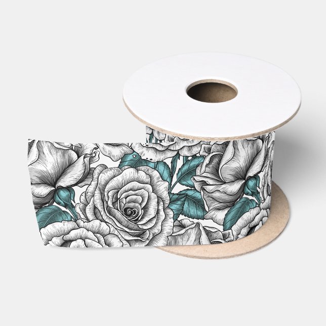 Weiße Rosen mit blauen Blätter Satinband (Spule)