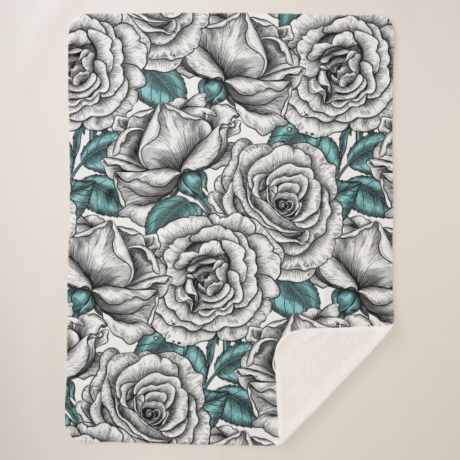 Weiße Rosen mit blauen Blätter Sherpadecke (Vorderseite)