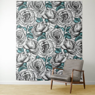 Weiße Rosen mit blauen Blätter Wandteppich