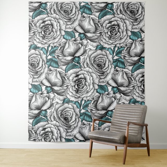 Weiße Rosen mit blauen Blätter Wandteppich (Beispiel)