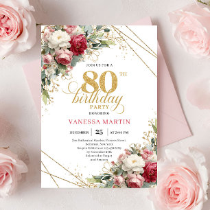 Weiße Rosen mit Erröten elegante 80. Geburtstagsei Einladung