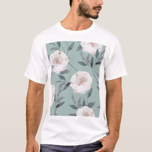 Weiße Rosen-Pfingstrosen: Florale Stickerei. T-Shirt