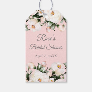 Weiße Rosen   Rosa Brautdusche Geschenkanhänger