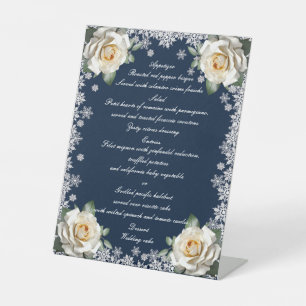 Weiße Rosen-Schneeflocken-Weihnachts-Hochzeitsmenü Sockelschild
