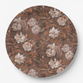 Weiße Rosen, Sepia, Vintages Retro-Muster Pappteller
