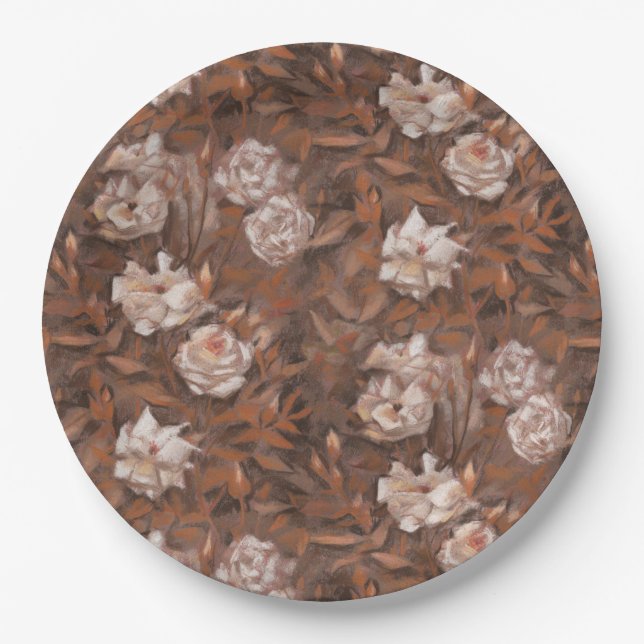 Weiße Rosen, Sepia, Vintages Retro-Muster Pappteller (Vorderseite)