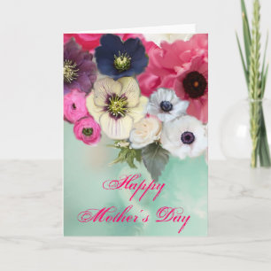 WEIßE ROSEN UND ANEMONE MUTTERTAGSBLUMEN IN ROSA KARTE