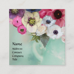 WEIßE ROSEN UND ANEMONENBLUMEN IN ROSA QUADRATISCHE VISITENKARTE