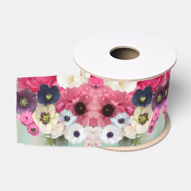 WEIßE ROSEN UND ANEMONENBLUMEN MONOGRAMM RIPSBAND (Spule)