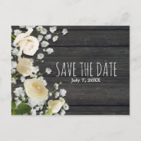 Weiße Rosen und Gipskraut auf Holz Save the Date