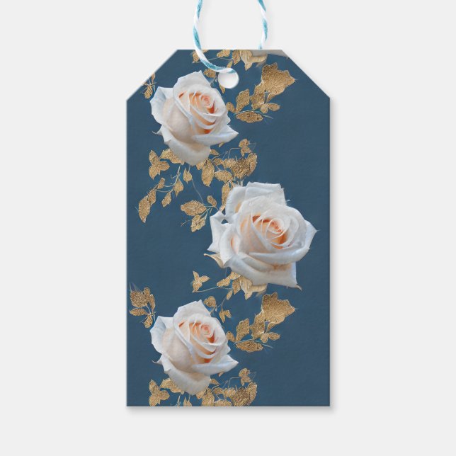 Weiße Rosen und goldene Blätter auf blauem Hinterg Geschenkanhänger (Vorderseite)