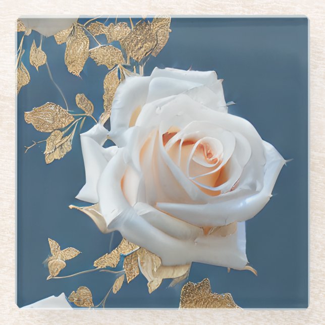 Weiße Rosen und goldene Blätter auf blauem Hinterg Glasuntersetzer (Vorderseite)