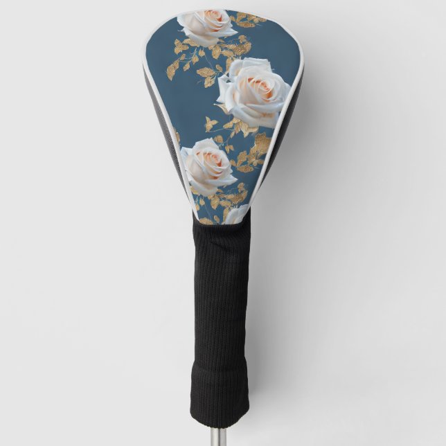 Weiße Rosen und goldene Blätter auf blauem Hinterg Golf Headcover (Vorderseite)
