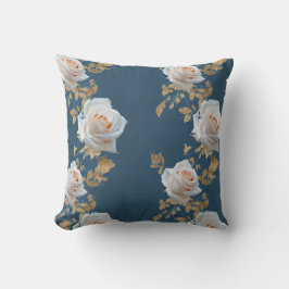 Weiße Rosen und goldene Blätter auf blauem Hinterg Kissen