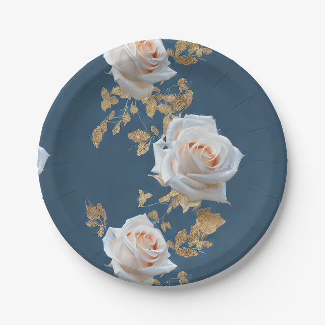 Weiße Rosen und goldene Blätter auf blauem Hinterg Pappteller (Vorderseite)