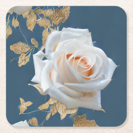 Weiße Rosen und goldene Blätter auf blauem Hinterg Rechteckiger Pappuntersetzer