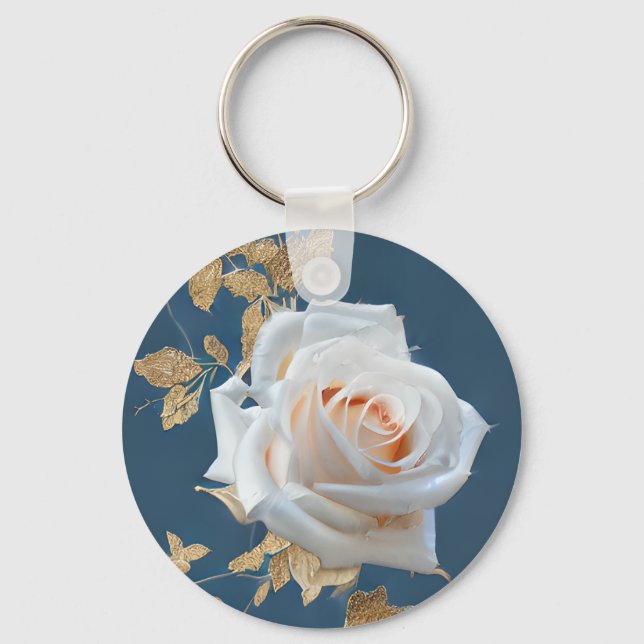 Weiße Rosen und goldene Blätter auf blauem Hinterg Schlüsselanhänger (Vorderseite)